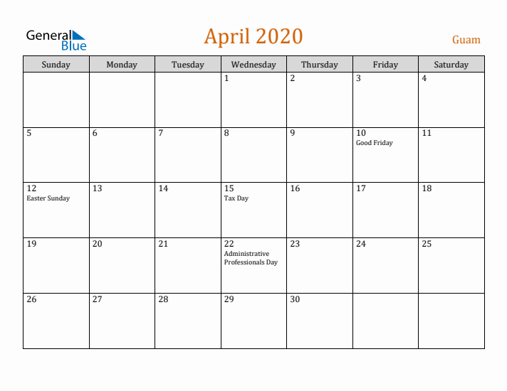 April 2020 Holiday Calendar with Sunday Start