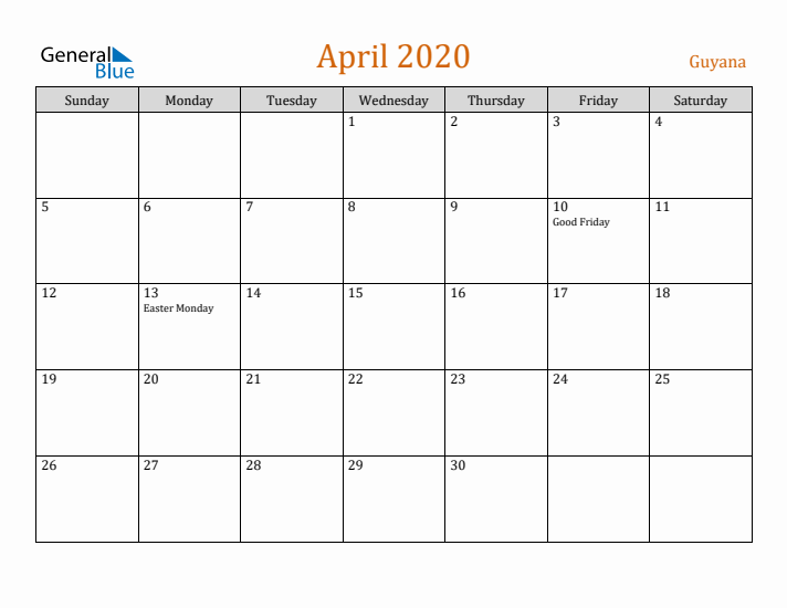 April 2020 Holiday Calendar with Sunday Start