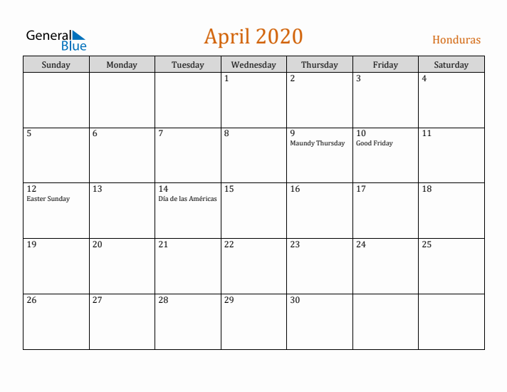 April 2020 Holiday Calendar with Sunday Start