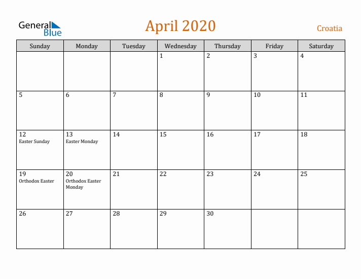 April 2020 Holiday Calendar with Sunday Start