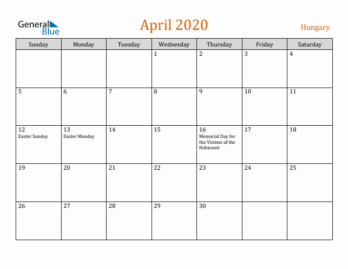 April 2020 Holiday Calendar with Sunday Start