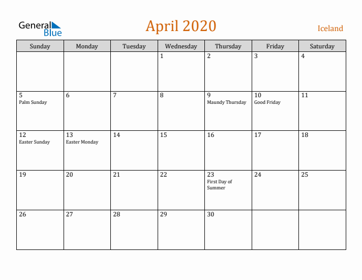 April 2020 Holiday Calendar with Sunday Start