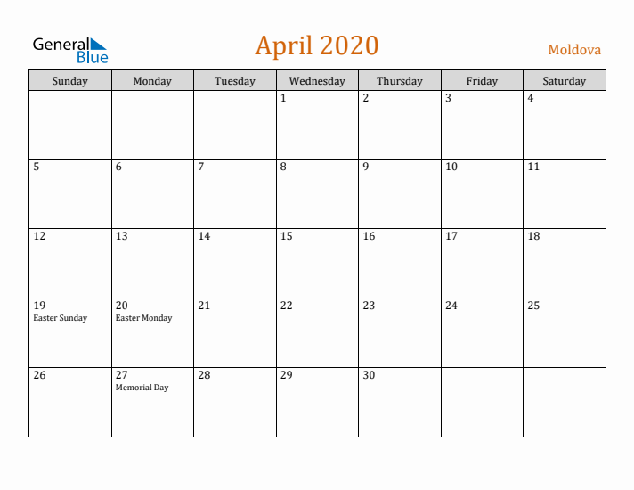 April 2020 Holiday Calendar with Sunday Start