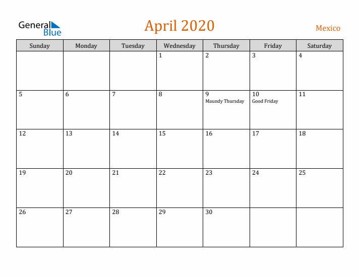 April 2020 Holiday Calendar with Sunday Start