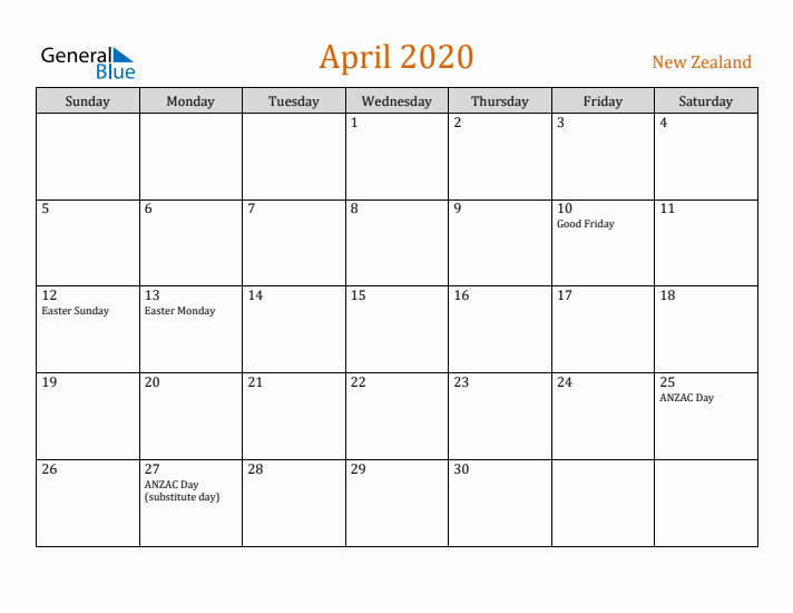 April 2020 Holiday Calendar with Sunday Start