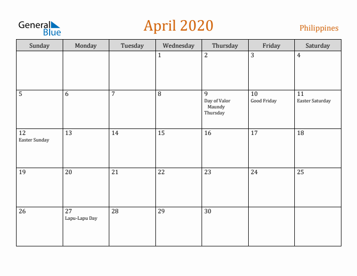 April 2020 Holiday Calendar with Sunday Start