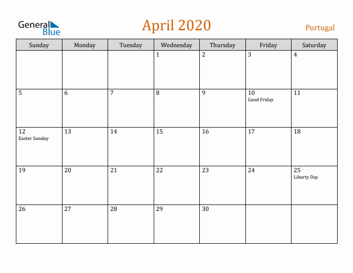 April 2020 Holiday Calendar with Sunday Start