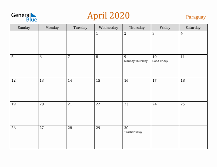 April 2020 Holiday Calendar with Sunday Start