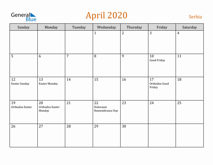 April 2020 Holiday Calendar with Sunday Start