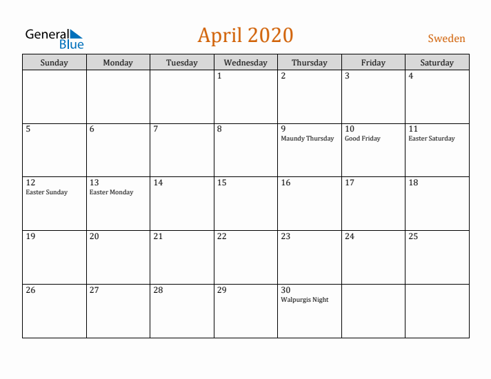 April 2020 Holiday Calendar with Sunday Start