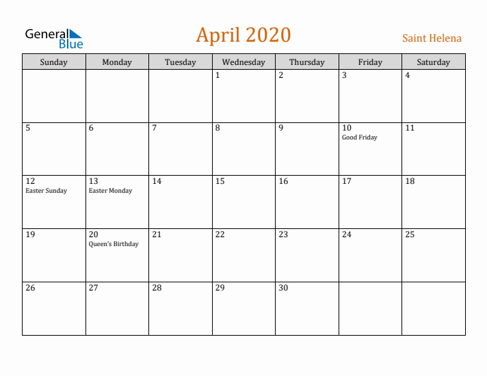 April 2020 Holiday Calendar with Sunday Start