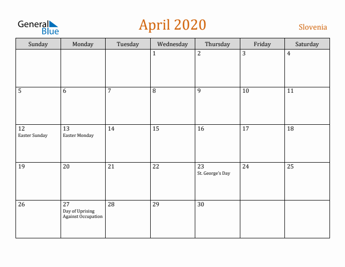 April 2020 Holiday Calendar with Sunday Start