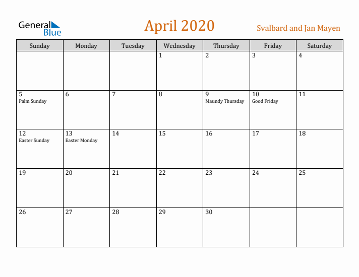 April 2020 Holiday Calendar with Sunday Start