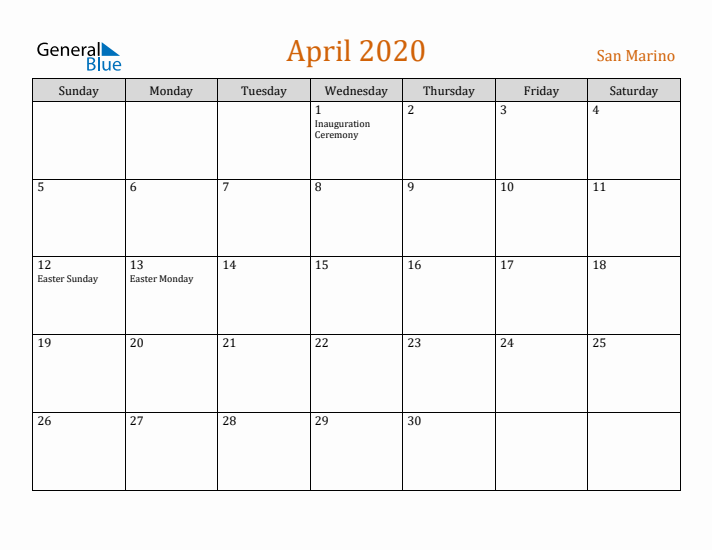 April 2020 Holiday Calendar with Sunday Start