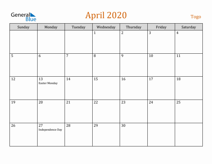 April 2020 Holiday Calendar with Sunday Start