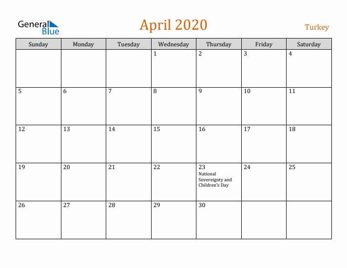 April 2020 Holiday Calendar with Sunday Start