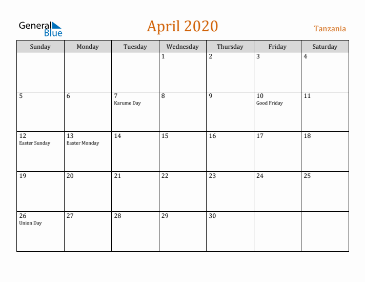 April 2020 Holiday Calendar with Sunday Start