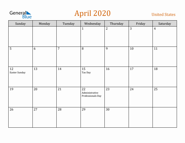 April 2020 Holiday Calendar with Sunday Start