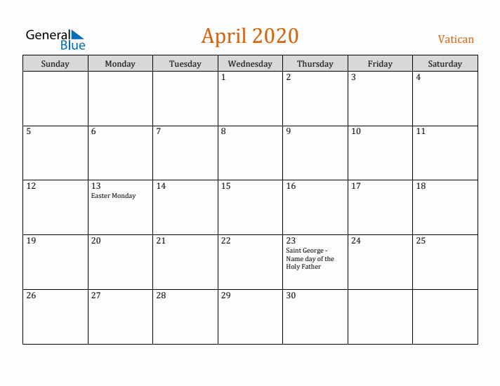 April 2020 Holiday Calendar with Sunday Start