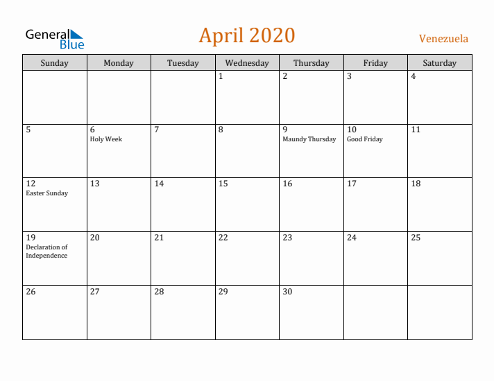 April 2020 Holiday Calendar with Sunday Start