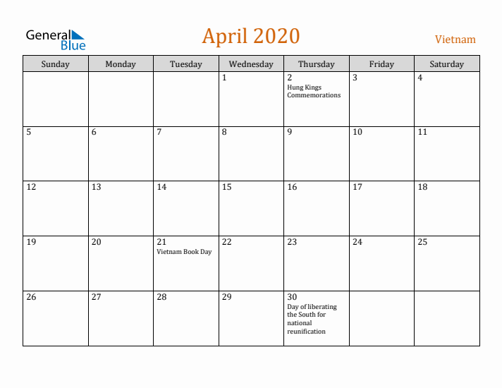 April 2020 Holiday Calendar with Sunday Start