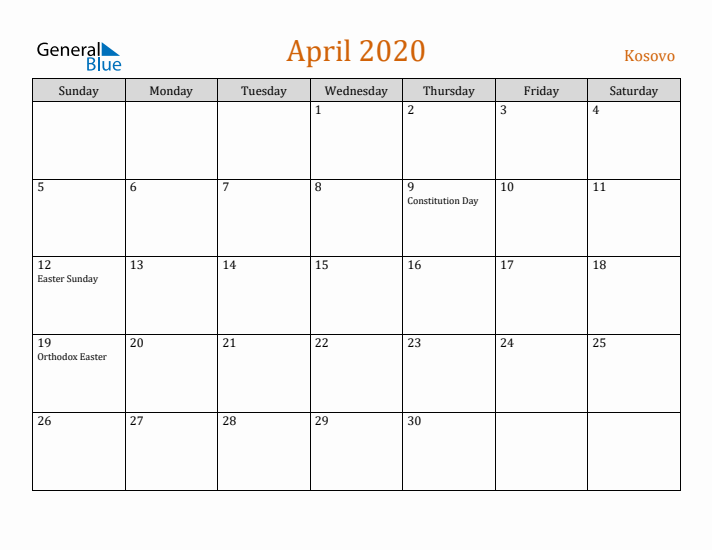 April 2020 Holiday Calendar with Sunday Start