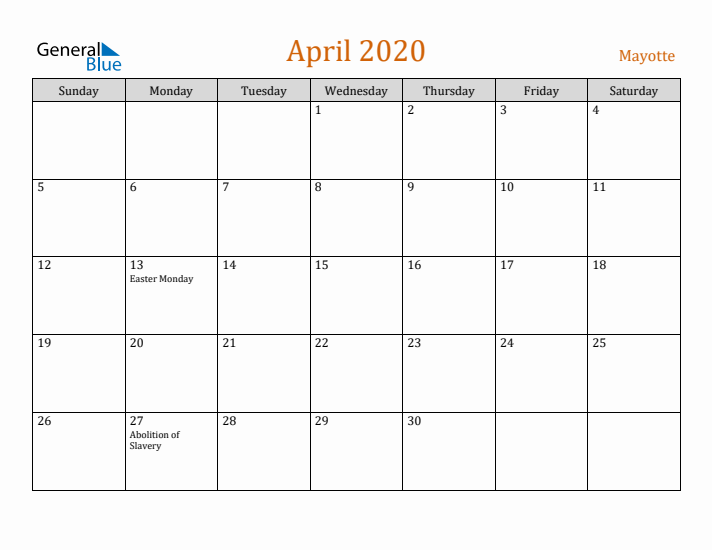 April 2020 Holiday Calendar with Sunday Start