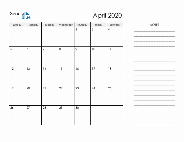 Printable Monthly Calendar with Notes - April 2020