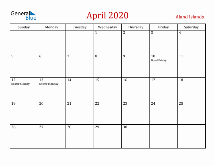 Aland Islands April 2020 Calendar - Sunday Start