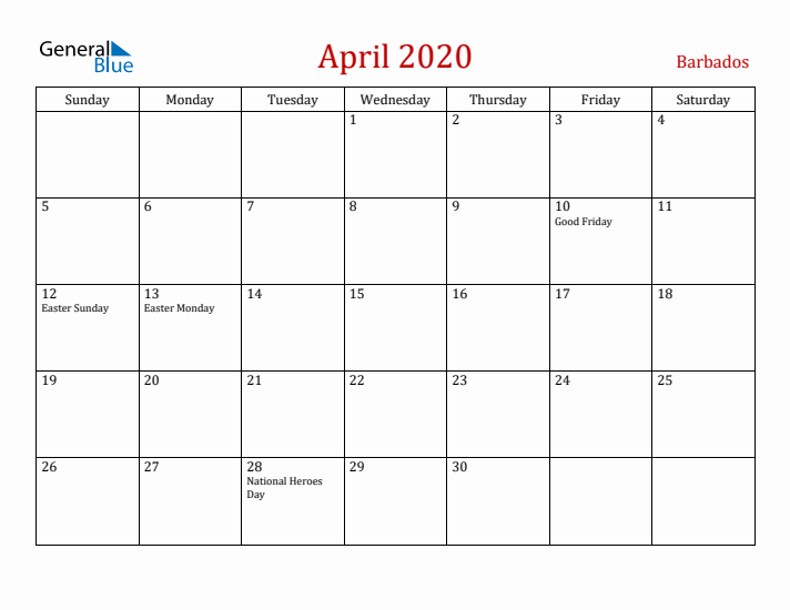 Barbados April 2020 Calendar - Sunday Start