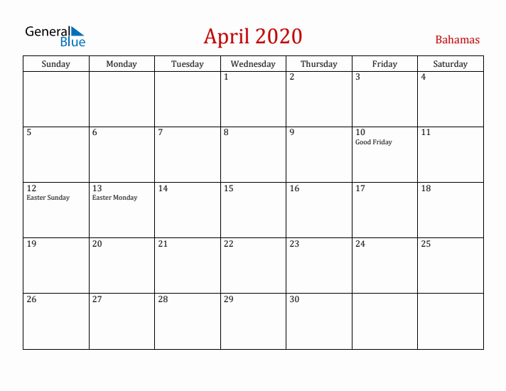 Bahamas April 2020 Calendar - Sunday Start