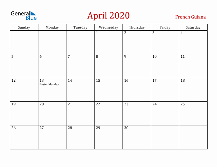 French Guiana April 2020 Calendar - Sunday Start