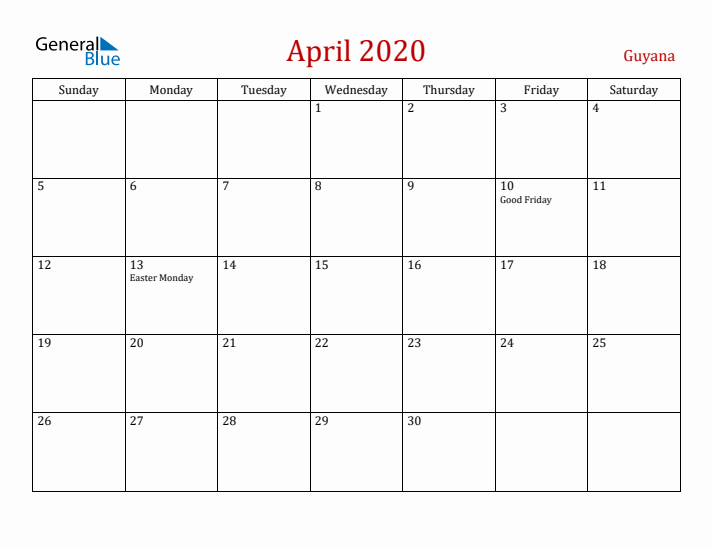 Guyana April 2020 Calendar - Sunday Start