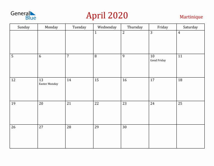 Martinique April 2020 Calendar - Sunday Start