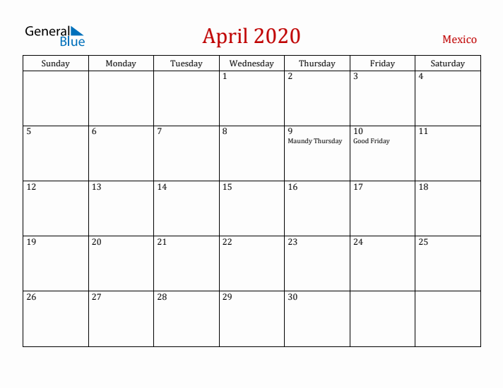 Mexico April 2020 Calendar - Sunday Start