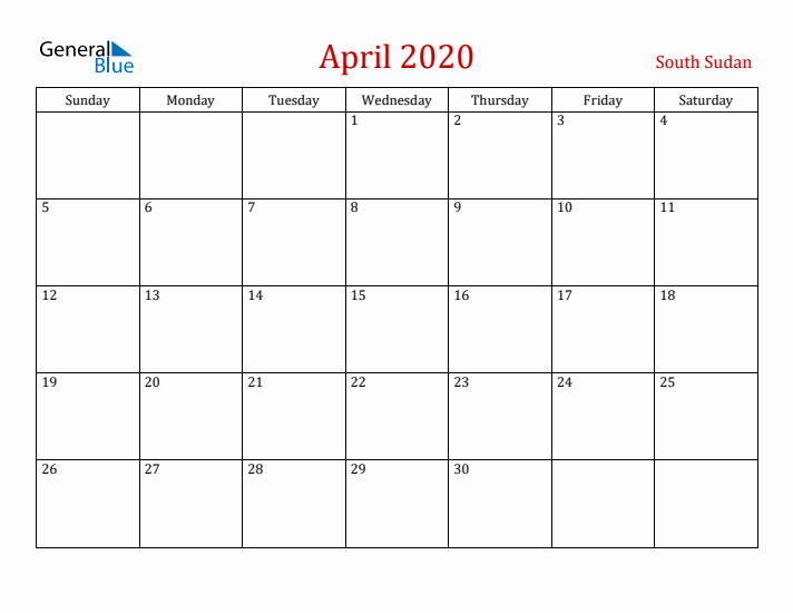 South Sudan April 2020 Calendar - Sunday Start