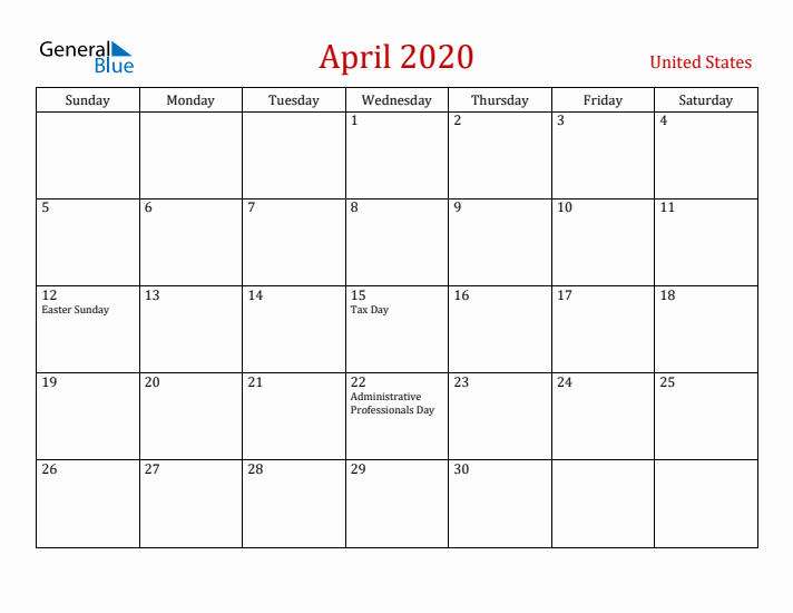 United States April 2020 Calendar - Sunday Start