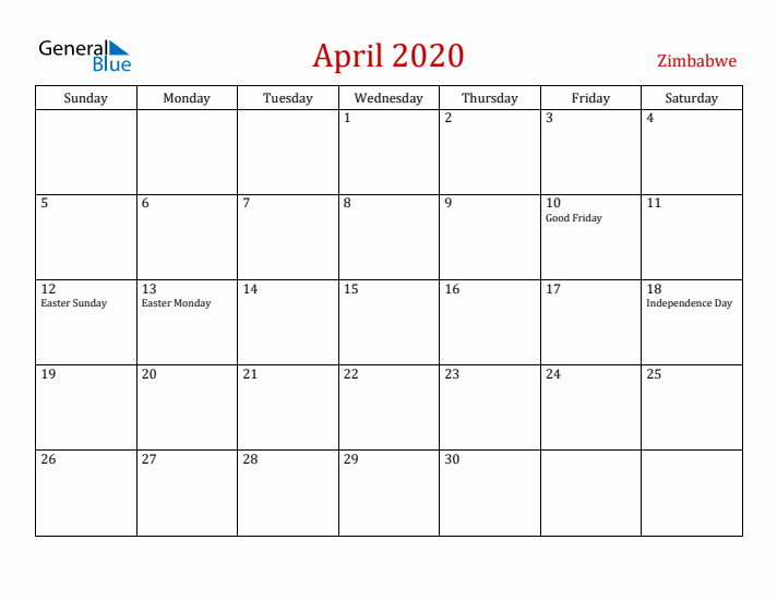 Zimbabwe April 2020 Calendar - Sunday Start