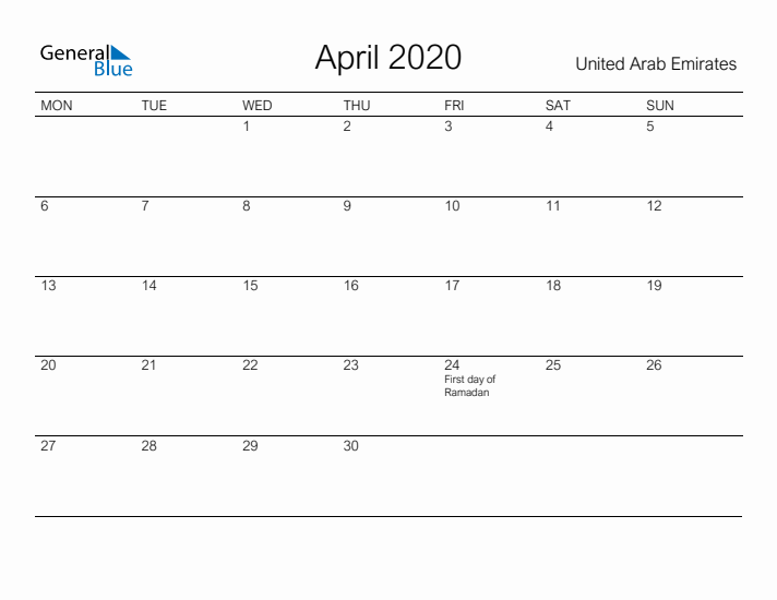 Printable April 2020 Calendar for United Arab Emirates