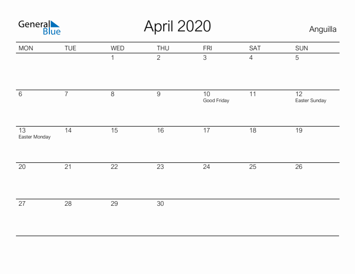 Printable April 2020 Calendar for Anguilla