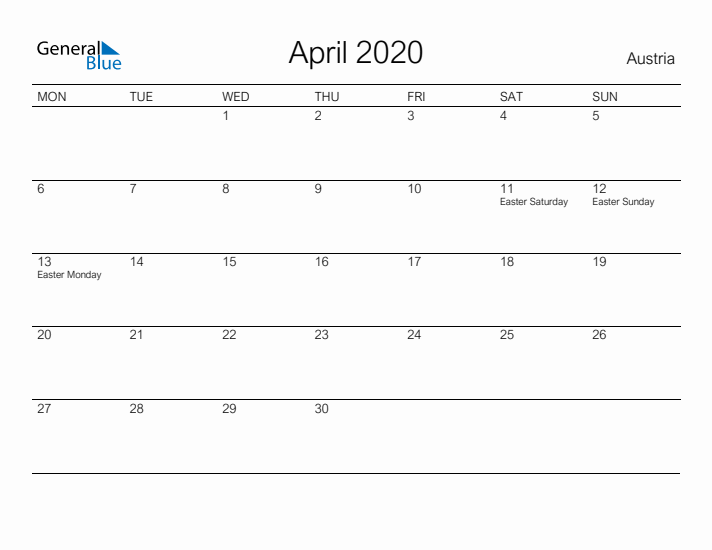 Printable April 2020 Calendar for Austria