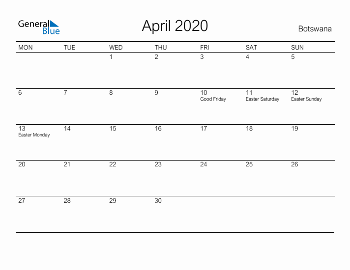 Printable April 2020 Calendar for Botswana