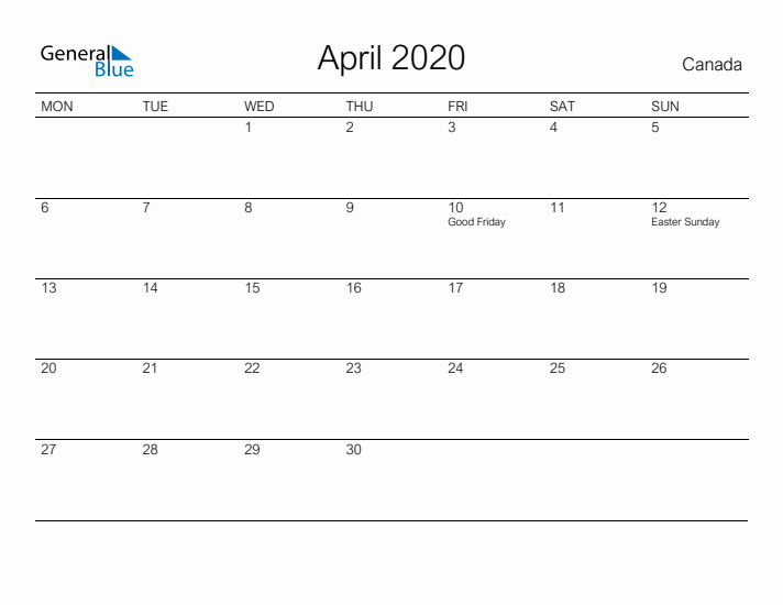 Printable April 2020 Calendar for Canada