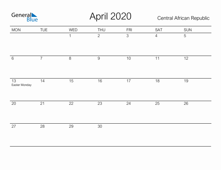 Printable April 2020 Calendar for Central African Republic