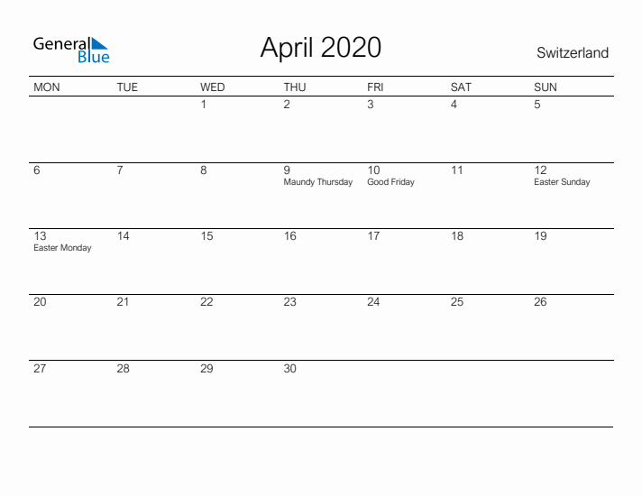 Printable April 2020 Calendar for Switzerland