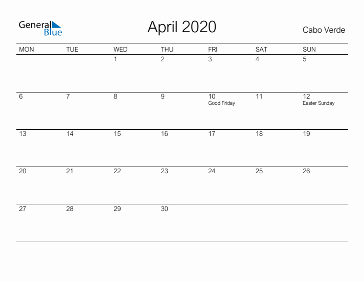 Printable April 2020 Calendar for Cabo Verde