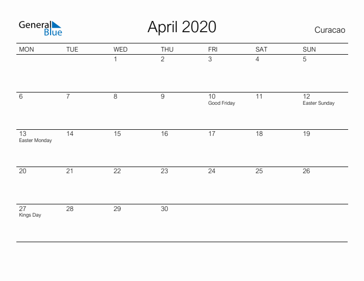 Printable April 2020 Calendar for Curacao