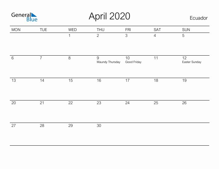 Printable April 2020 Calendar for Ecuador