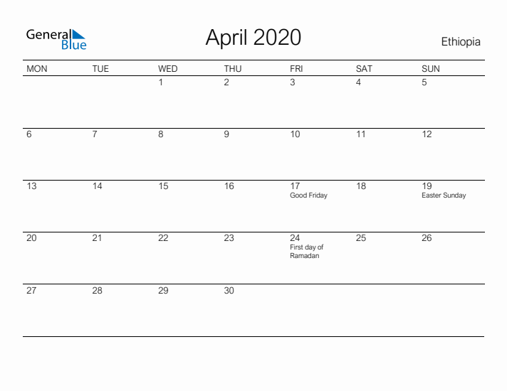 Printable April 2020 Calendar for Ethiopia