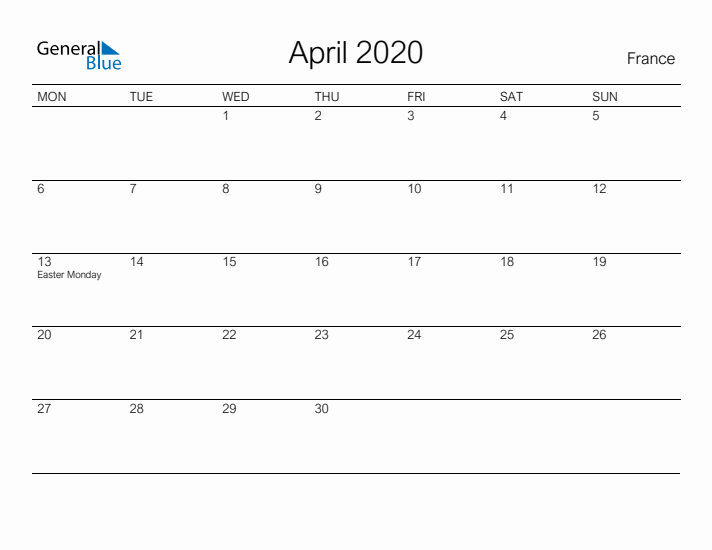 Printable April 2020 Calendar for France